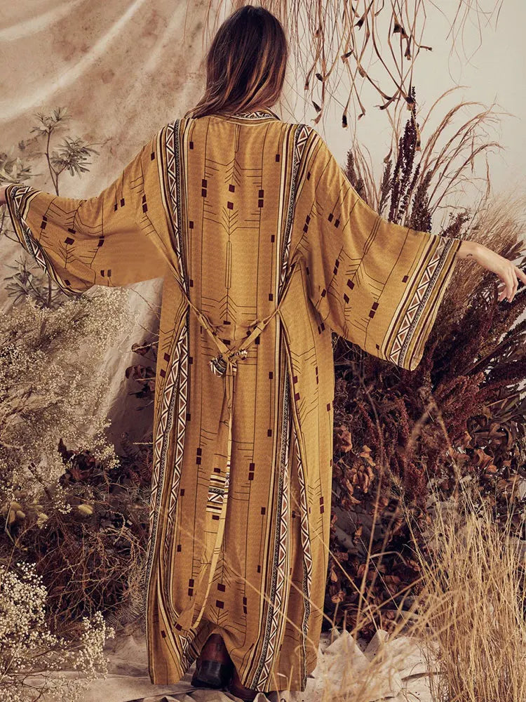 Yellow Retro Printed Dress | Long Sleeve Self Belted | Plus Size Bohemian Kimono | Women Street Wear Casual Maxi Dresses ShopOnlyDeal