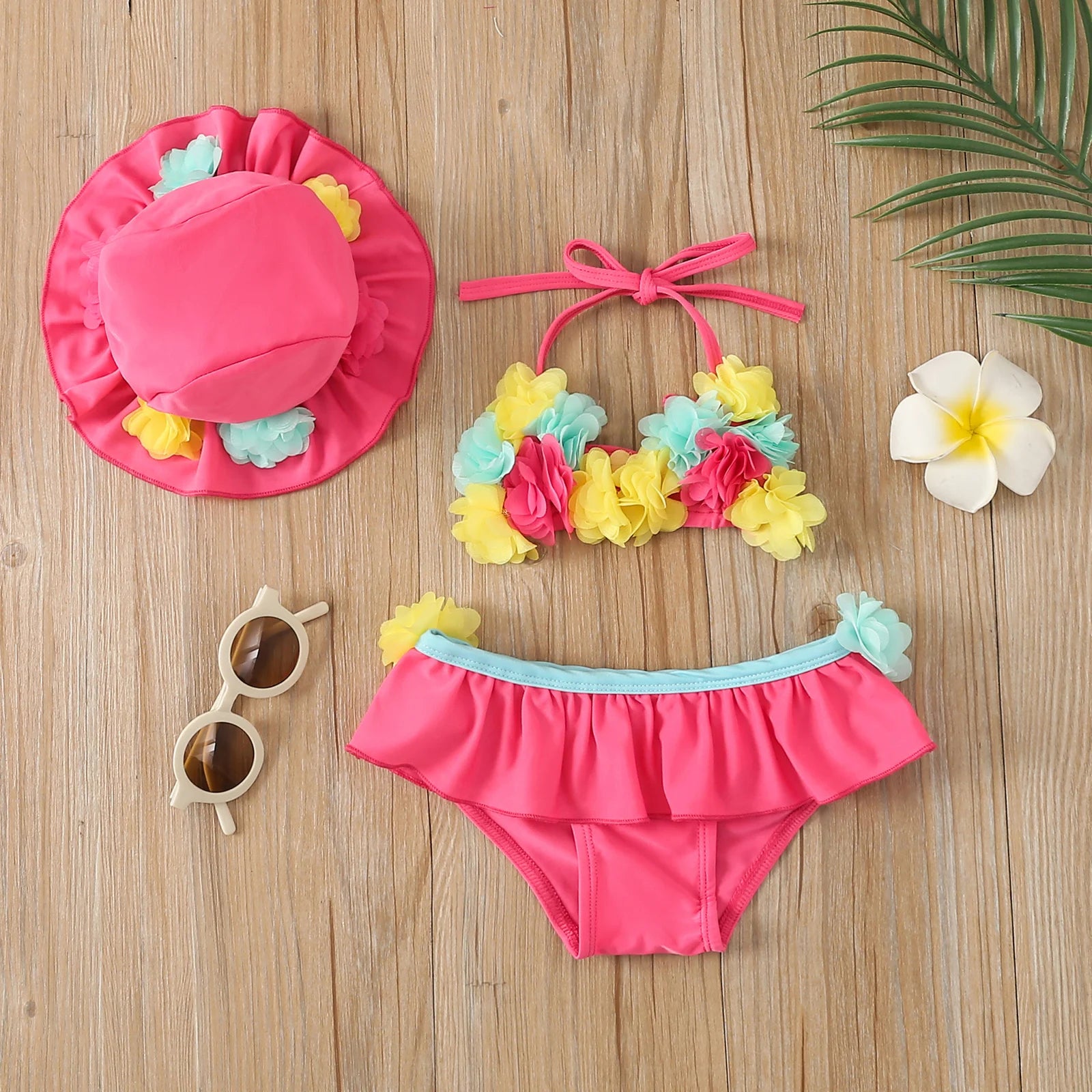 Infant Baby Girls Three-piece Bathing Suit, Flower Halter Neck Swimming Tops, Bottoms and Sun Protection Cap ShopOnlyDeal