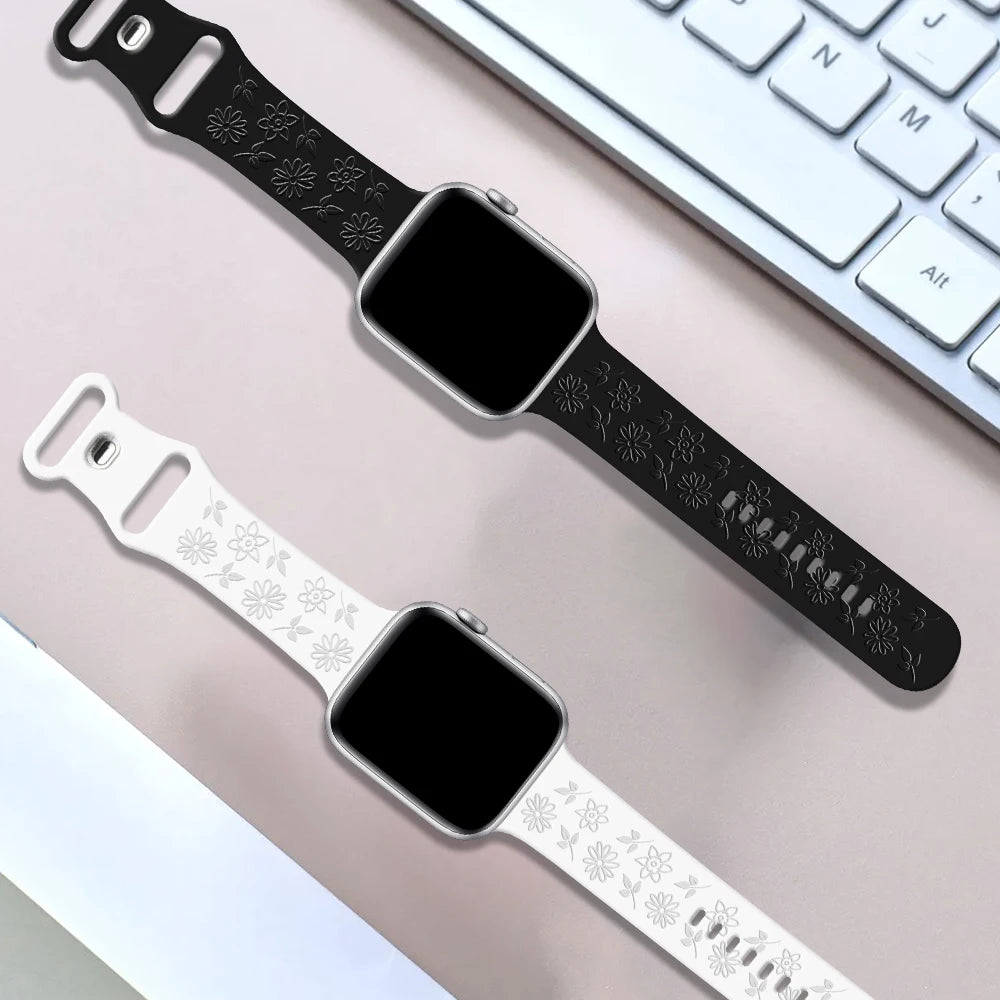 Silicone Strap For Apple Watch Band 45mm 41mm 44mm 40mm 38MM 42MM 49mm Engraved Flower Bracelet iWatch Ultra 9 8 7 6 5 SE Band ShopOnlyDeal