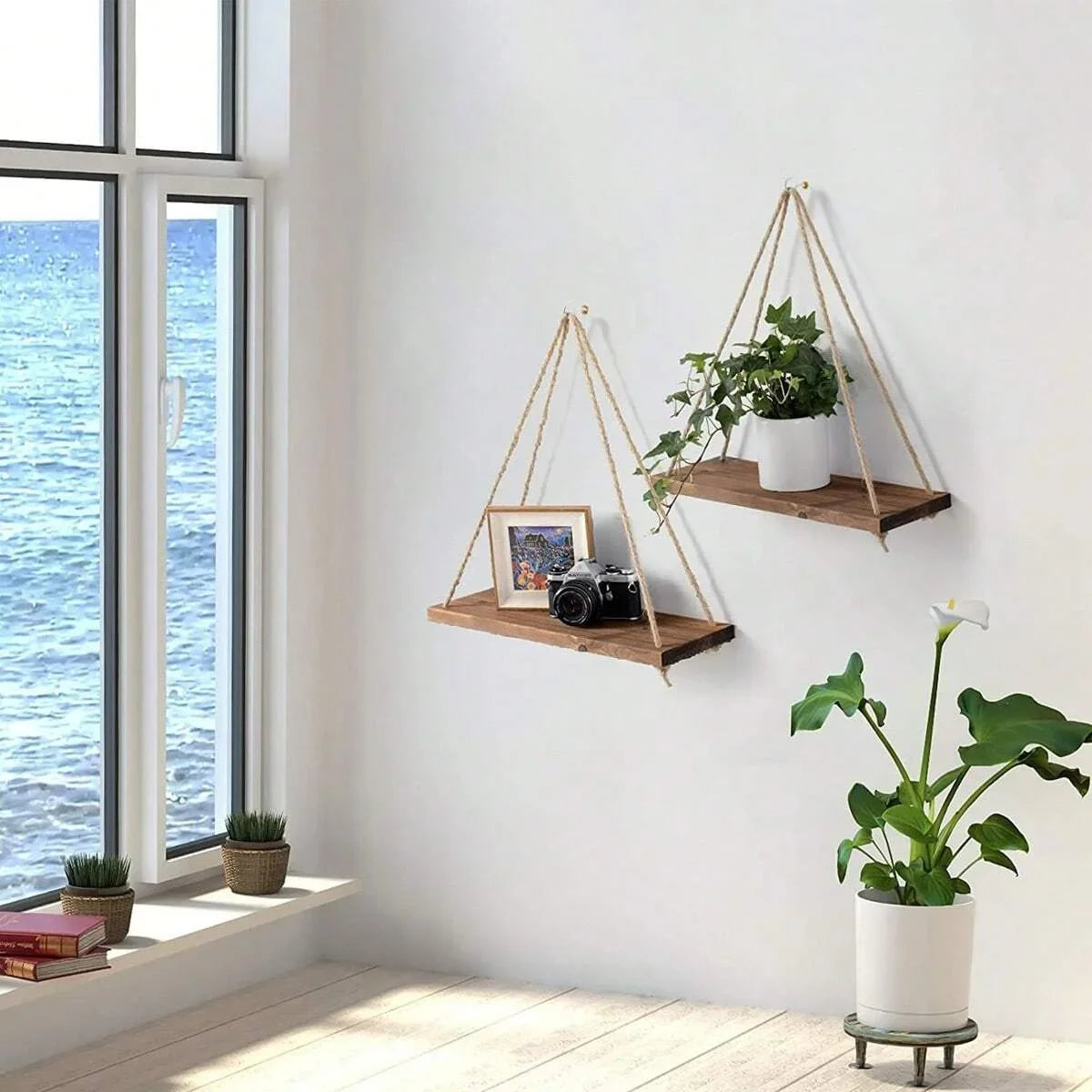 1PC Wooden Swing Hanging Hemp Rope Wall Shelve Mounted Floating Home Living Room Plant Flower Pot Tray Storage Garden Decoration ShopOnlyDeal