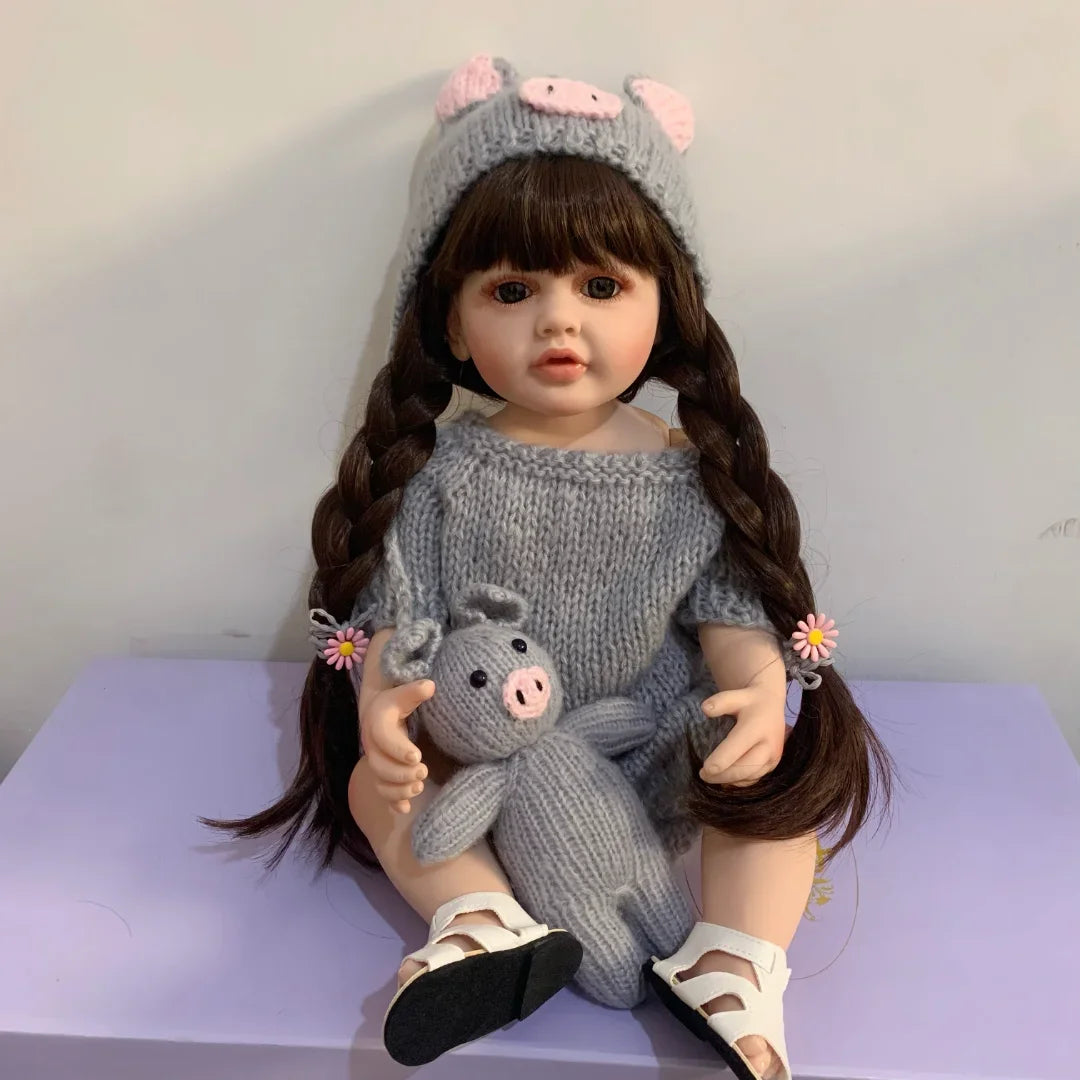 BZDOLL 55cm 22inch Lifelike Reborn Baby Girl Doll Soft Silicone Long Brown Hair Realistic Princess Toddler Bebe Birthday Gift ShopOnlyDeal