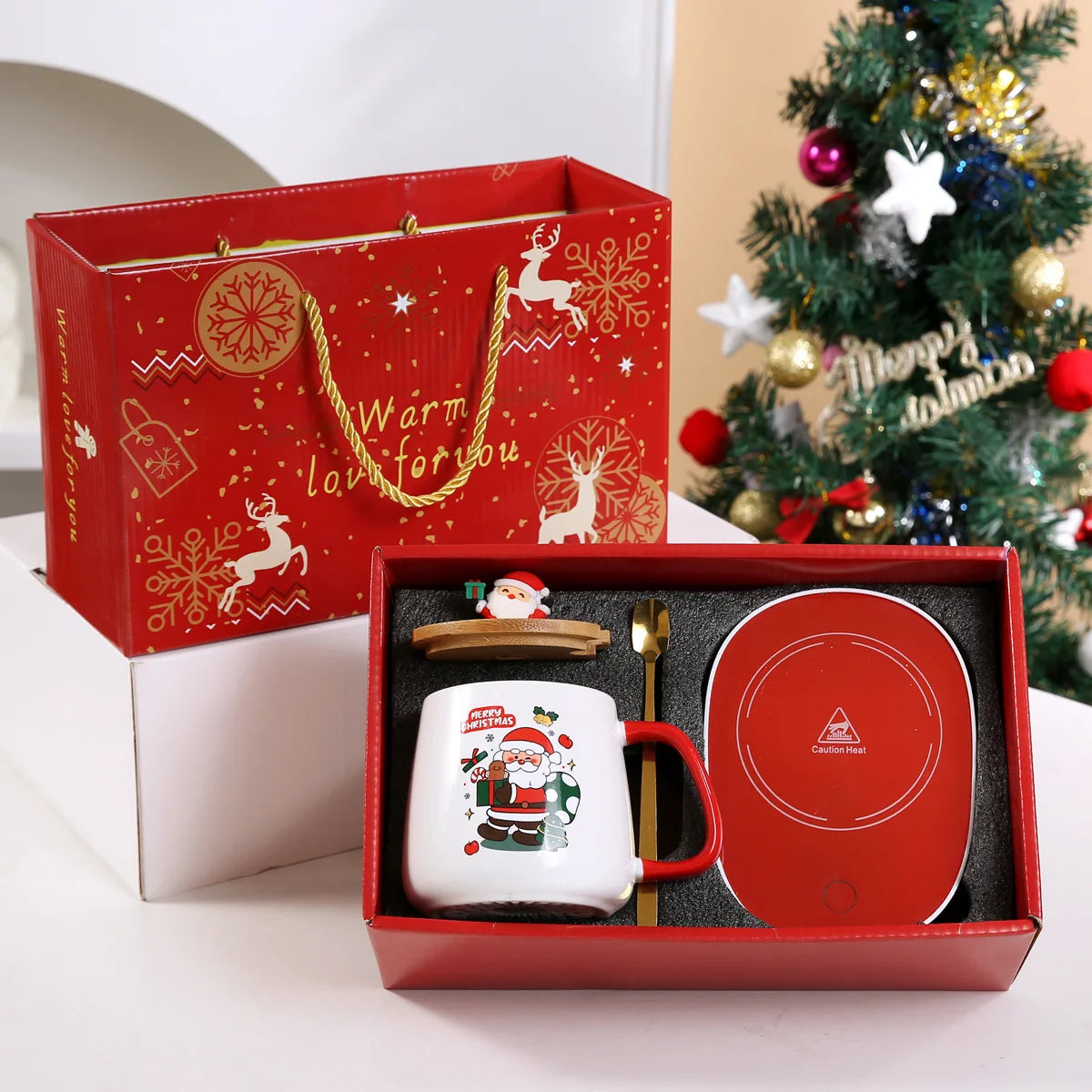 Christmas Gift Set: Warm 55℃ Ceramic Mug with Lid featuring Santa Claus for Office or Home Use ShopOnlyDeal