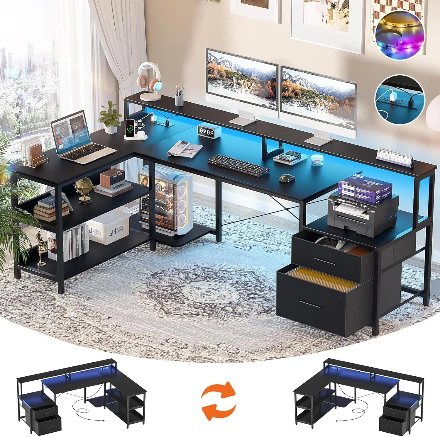 L Shaped Desk, Reversible Corner Computer Desk with Power Outlet and LED Strip, Gaming Computer Desk with Monitor Stand ShopOnlyDeal