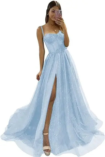 Glitter Tulle Ruffled Prom Dress Long Ball Gown Spaghetti Straps Lace Appliqued 3D Flower Slit Bridesmaid Dresses Cocktail party ShopOnlyDeal