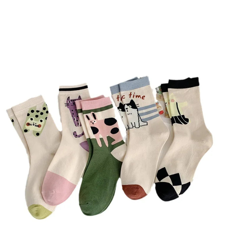 New Cotton Socks for Autumn Winter | Cute Kawaii Harajuku Street Cartoon Cat Mid-Tube Socks | Breathable Sweat Absorption Sports Student Socks ShopOnlyDeal