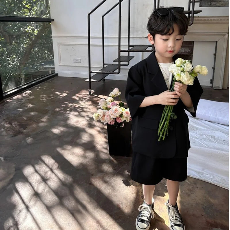 Boys' Blazer Suit Set | Thin Casual Korean-Style | Black Short Sleeve Coat + Shorts | High-Quality 2-Piece Ensemble ShopOnlyDeal