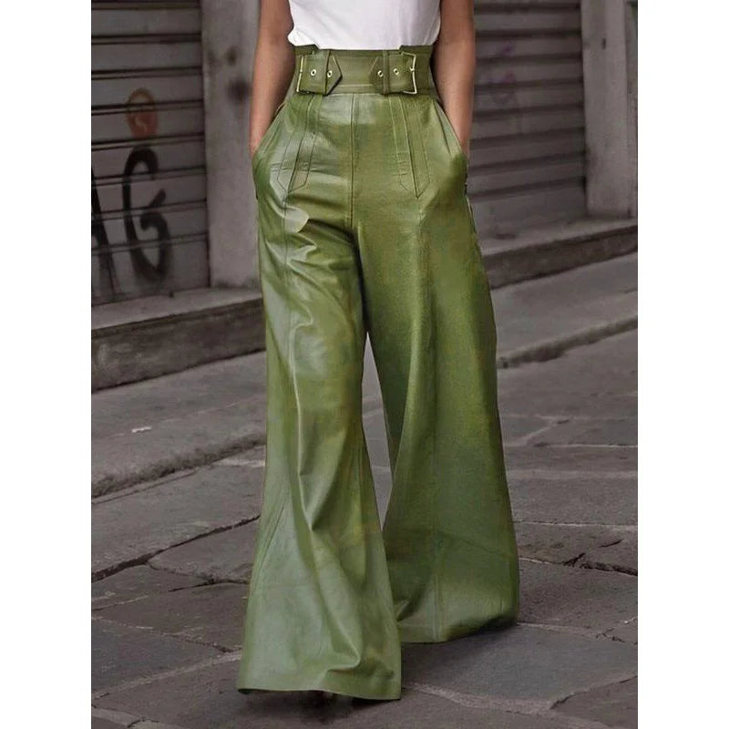 Autumn Winter Women's Faux Pu Long Pants 2024 High Waisted Loose Pleated Pockets Streetwear Female Wide Leg Trousers ShopOnlyDeal