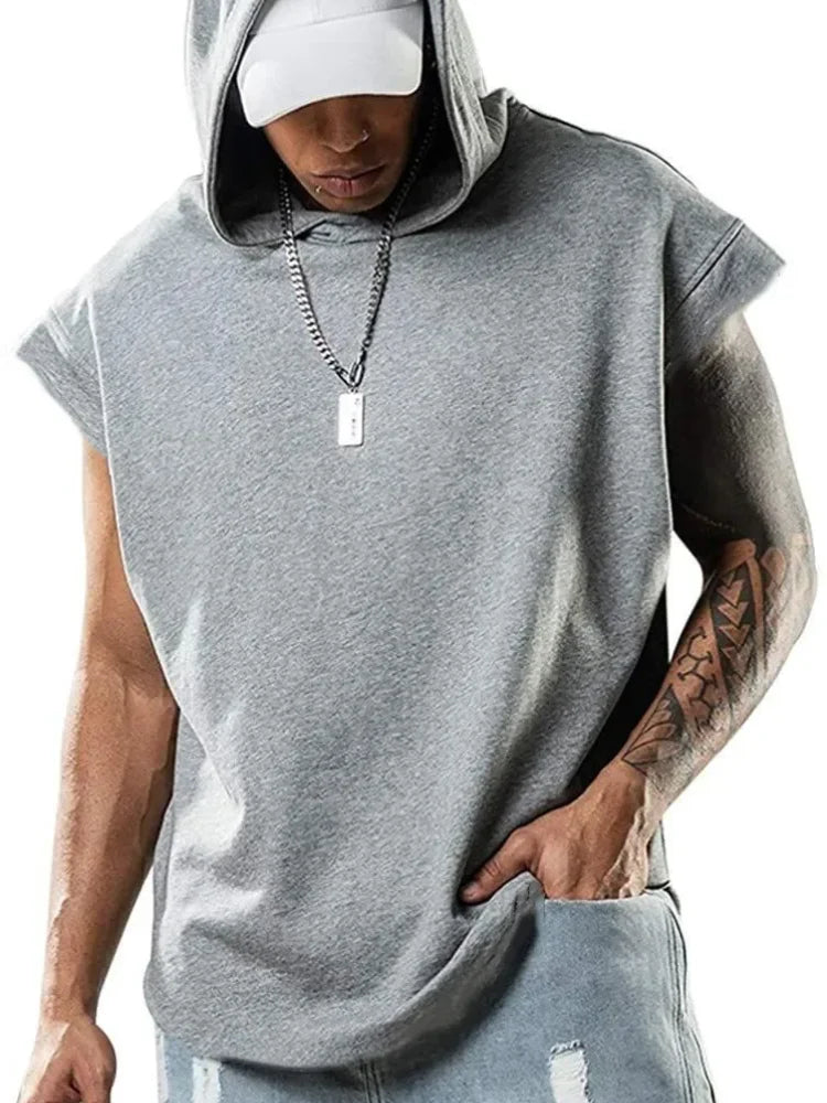 2024 Hooded Solid Color New Men's Casual Pullover Sports Men's T-shirt Sleeveless Men's Waistcoat Loose ShopOnlyDeal