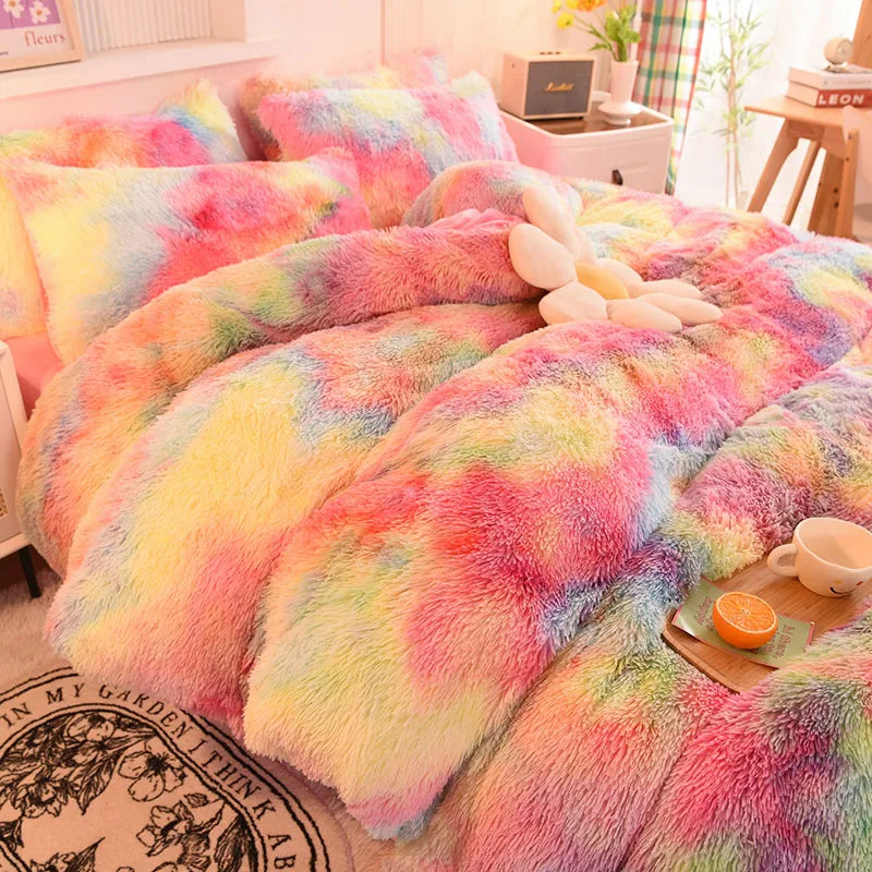 3Pcs Super Shaggy Coral Fleece Warm Cozy Princess Bedding Set Mink Velvet Duvet Cover Set Bed Comforter Cover Blanket Pillowcase ShopOnlyDeal