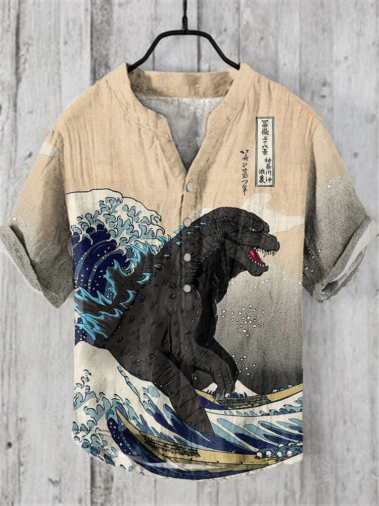 Japanese Art Popular European and American Wave Short-Sleeved Men's Shirts | Stand-Up Collar Shirts | Hawaiian Shirts | Men's Vacation Shirts ShopOnlyDeal