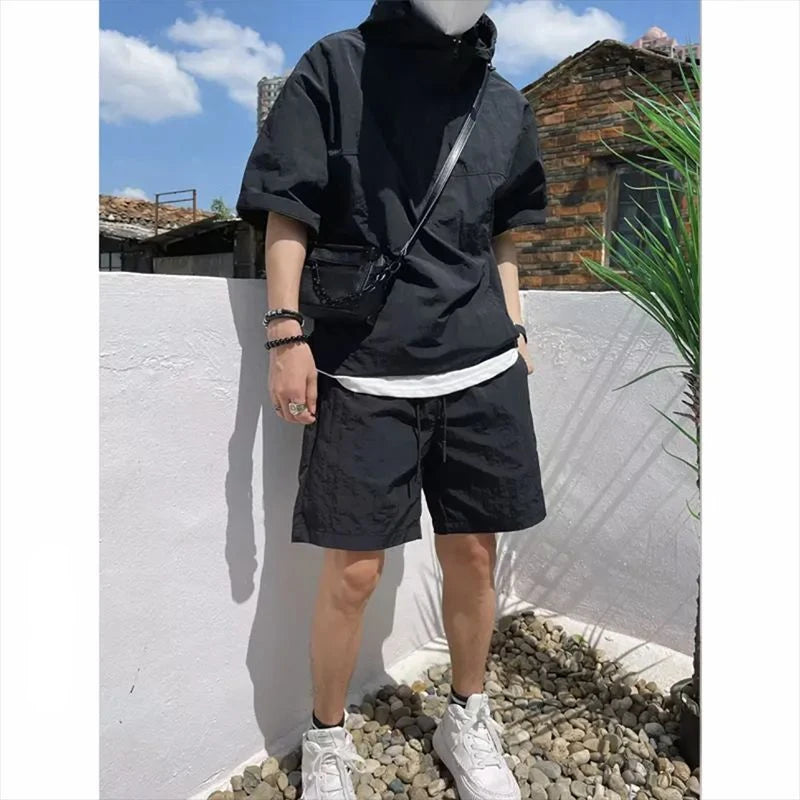 Summer Cargo Style Set | Men's Casual Hooded Solid Short Sleeve T-shirt | Shorts Loose Fashion | High-Quality Handsome Sweatshirt Suit ShopOnlyDeal