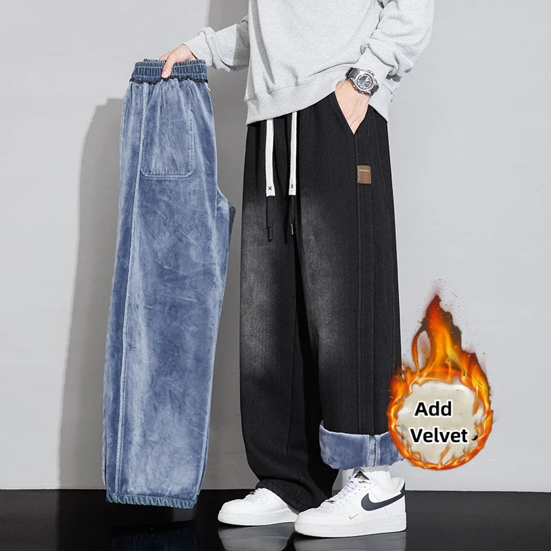 Winter Velvet Wide Leg Washing Jean Pants Men Trousers Neutral Solid Color Loose Casual Straight Outdoor Fashion Pants Size 8xl ShopOnlyDeal