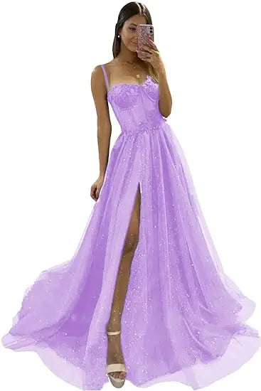 Glitter Tulle Ruffled Prom Dress Long Ball Gown Spaghetti Straps Lace Appliqued 3D Flower Slit Bridesmaid Dresses Cocktail party ShopOnlyDeal