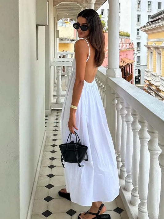 Sexy Backless Midi Dress Sleeveless V Neck Dress 2023 Fashion Summer Woman Causal Loose Beach Dress Holiday White Long Dress ShopOnlyDeal