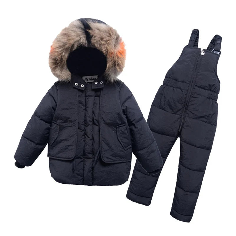 -30℃ Winter Down Suit Thick Warm Sets Boys Girls Hooded Jackets Overalls 2 Pcs Kids Parka Snow Wear Outfits 2-6 Years ShopOnlyDeal