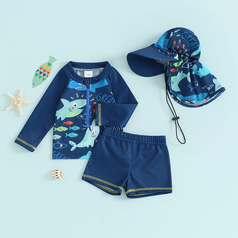 Toddler Baby Boys Summer Swimsuit Set Fish Print Long Sleeve Tops Elastic Waist Swim Trunks Hat Kids 3Pcs Bathing Suit ShopOnlyDeal