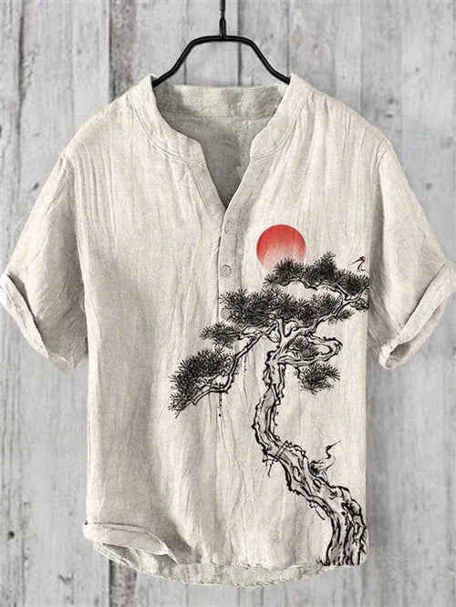 New Ink Cherry Blossom Mountain Print Stand Collar Short-Sleeved Shirt | Foreign Trade Fashion Casual Loose Bamboo Linen Shirt Top ShopOnlyDeal