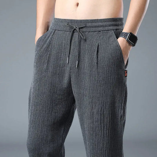 Summer Thin Elastic Casual Pants Men Solid Pleated Ice Silk Strap High Waist Drawstring Pocket Loose Straight Trousers 2023 New ShopOnlyDeal