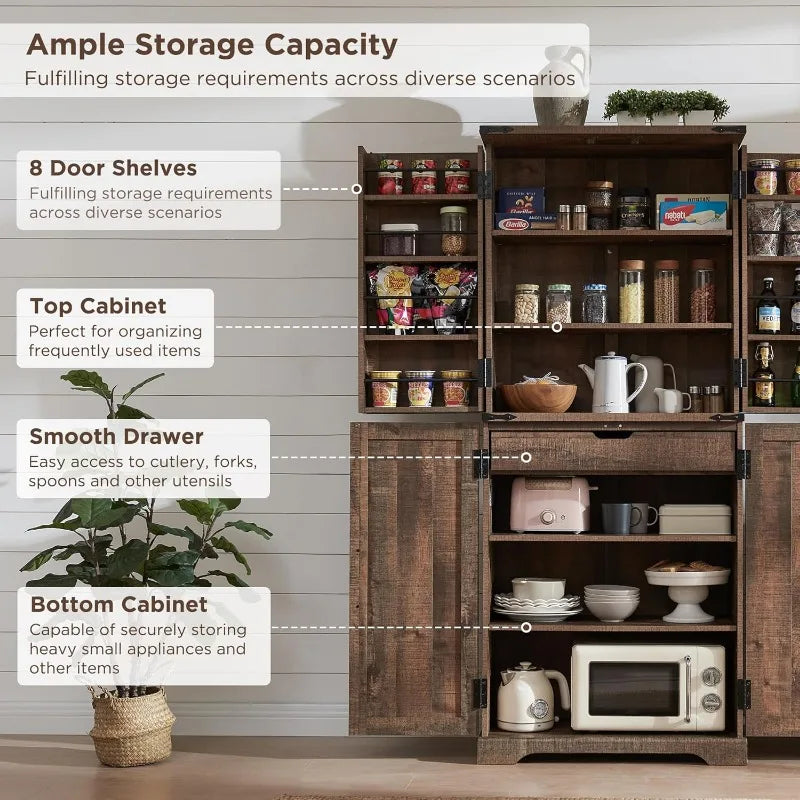 72" High Kitchen Pantry, Farmhouse Storage Cabinet with Barn Doors, Organizers, Drawers and Adjustable Shelves ShopOnlyDeal