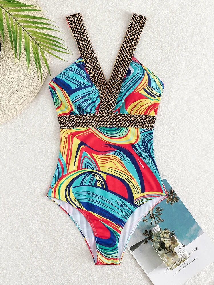 2024 Sexy Print Strapped Swimwear Women Push UP One Piece Swimsuit Monokini Backless Hollow Summer Bathing Suit ShopOnlyDeal