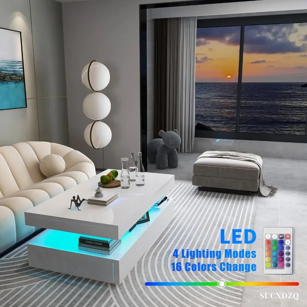 High Gloss Modern Coffee Table with RGB LED Light | White Rectangular Coffee Table for Living Room | With Remote Control | Wood ShopOnlyDeal