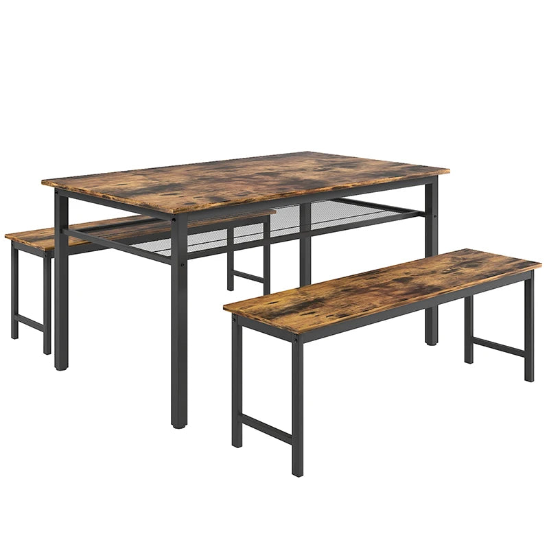 3 Pieces Farmhouse Kitchen Table Set with Two Benches, Metal Frame and MDF Board  ShopOnlyDeal