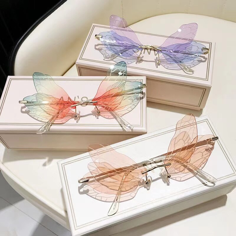 2022 Vintage Dragonfly Wings Sunglasses Fashion Rimless Women Clear Lens Eyewear Men Pink Sun Glasses UV400 Eyewear Female ShopOnlyDeal