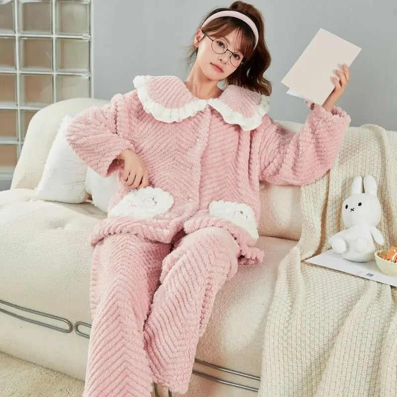 Pajama Lady Autumn/Winter Flannel  Fleece Thick Nightgown Long Lovely Coral Fleece Homewear Set Can Be Worn Outside Comfortable ShopOnlyDeal