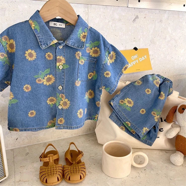 Siblings Set 2024 | Sunflower-Themed Korean Fashion | Girls Shirt + Shorts & Boys Two-Piece Suit for 2-7Y ShopOnlyDeal