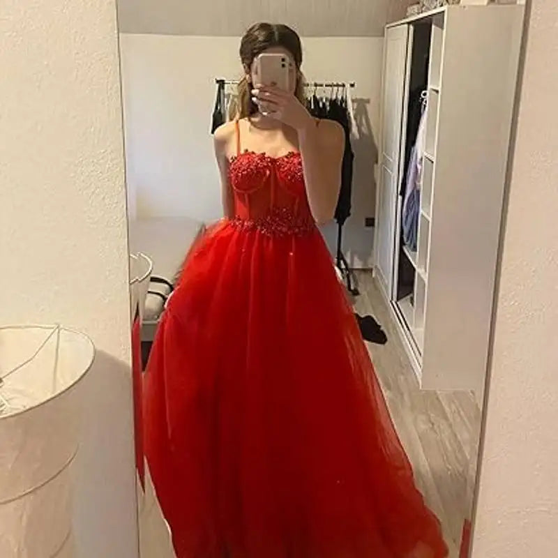 Glitter Tulle Ruffled Prom Dress Long Ball Gown Spaghetti Straps Lace Appliqued 3D Flower Slit Bridesmaid Dresses Cocktail party ShopOnlyDeal