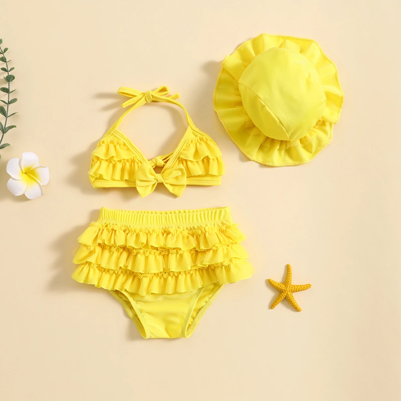 Toddler Baby Girls Summer Swimwear Bikini Set Lovely Babies Halter Neck Tops + Layered Ruffle Shorts + Hat Swimsuit Sets ShopOnlyDeal