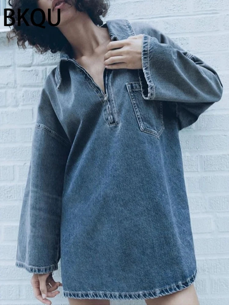 Mini Dress Women A-Line Denim Dresses | Casual All-Match Lapel Long Sleeve Zip Loose Female Streetwear Cowboy Dress ShopOnlyDeal