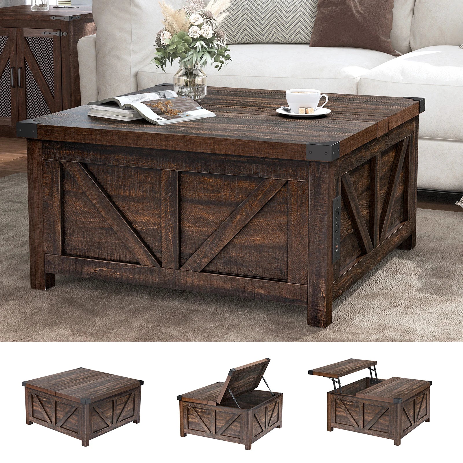 Farmhouse Lift Top Coffee Table, Living Room Central Table with Hidden Space, Wood Square Center Table w/Charging Station, Brown ShopOnlyDeal