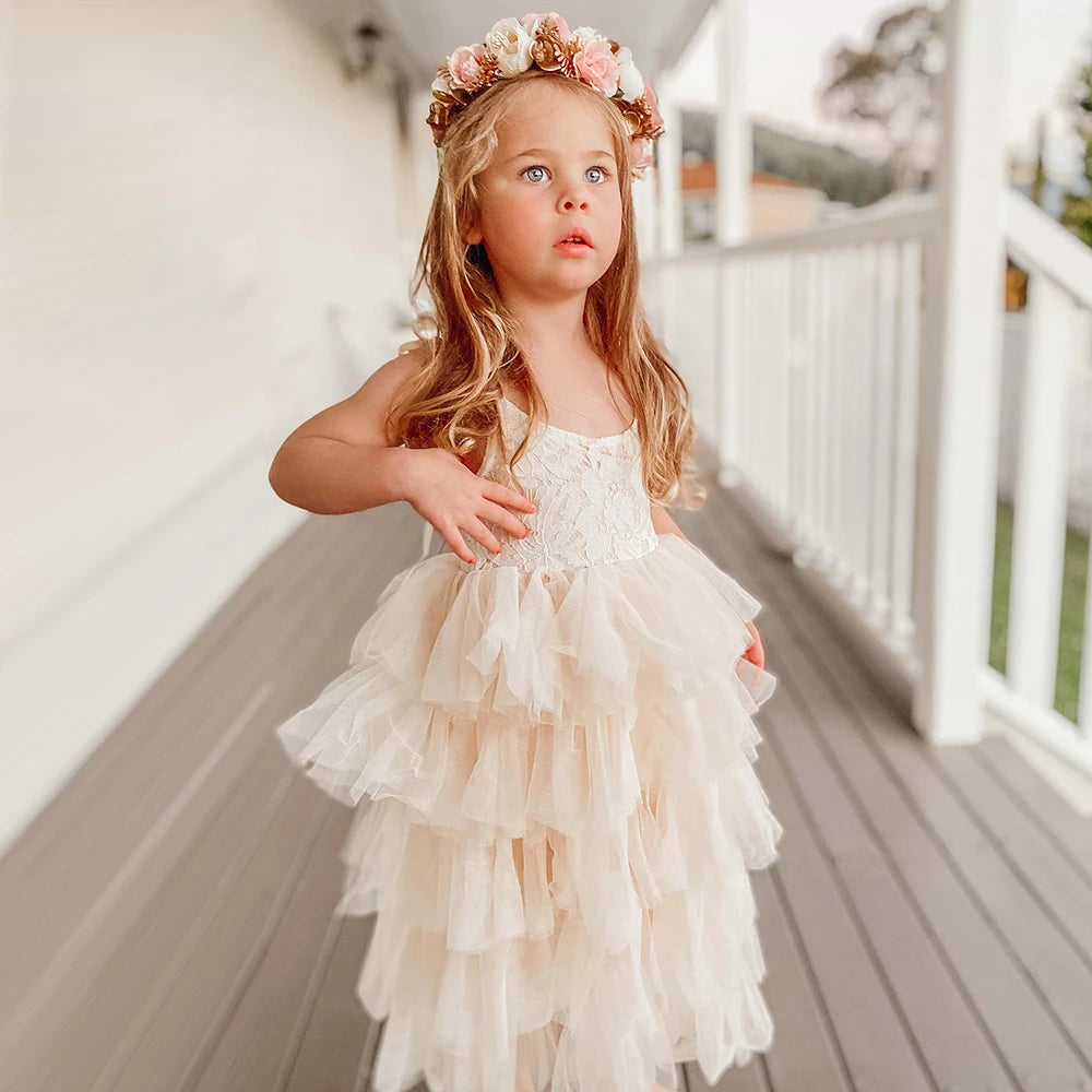 White Princess Dress | 2024 Sling Lace & Tulle Gown for Flower Girls | Birthday Party Layered Dress for 3-8 Years ShopOnlyDeal