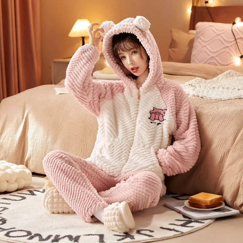 Pajama Lady Autumn/Winter Flannel  Fleece Thick Nightgown Long Lovely Coral Fleece Homewear Set Can Be Worn Outside Comfortable ShopOnlyDeal