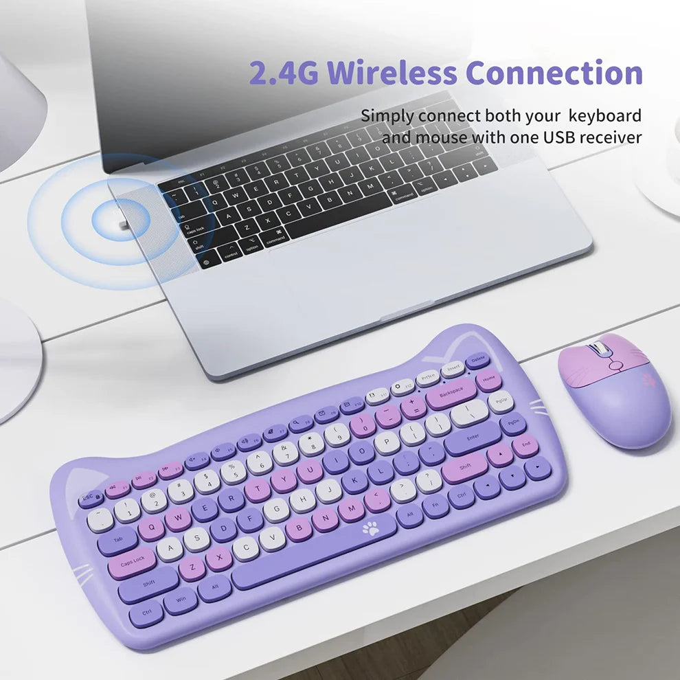 Colors Cute 2.4G Wireless Keyboard Mouse Combo for Computer Laptop Korea/English Wireless Keyboard and Mouse Set Cat Shape ShopOnlyDeal