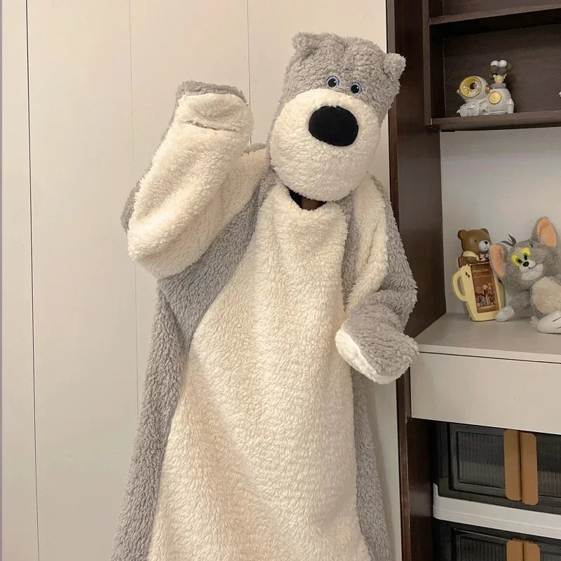 Funny Couple's Pajamas Winter Long Nightgown Robe Women Men Sleepwear Nightwear Cartoon Dog Long Plush Pyjama Soft Warm Homewear ShopOnlyDeal