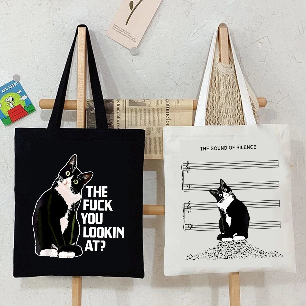 New Cat Series Women Tote Bags Cute Cow Cat Print Canvas Eco Handbag High Capacity Harajuku Fashion Cat Lovers Teen Shoulder Bag ShopOnlyDeal