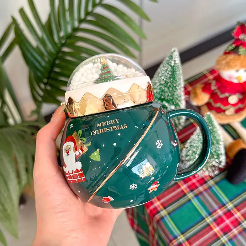 Lovely Christmas Mugs with lid and Santa Claus spoon Creative Planet Ceramic Cup Xmas Gift Coffee cup Milk Cup Drinking For home ShopOnlyDeal