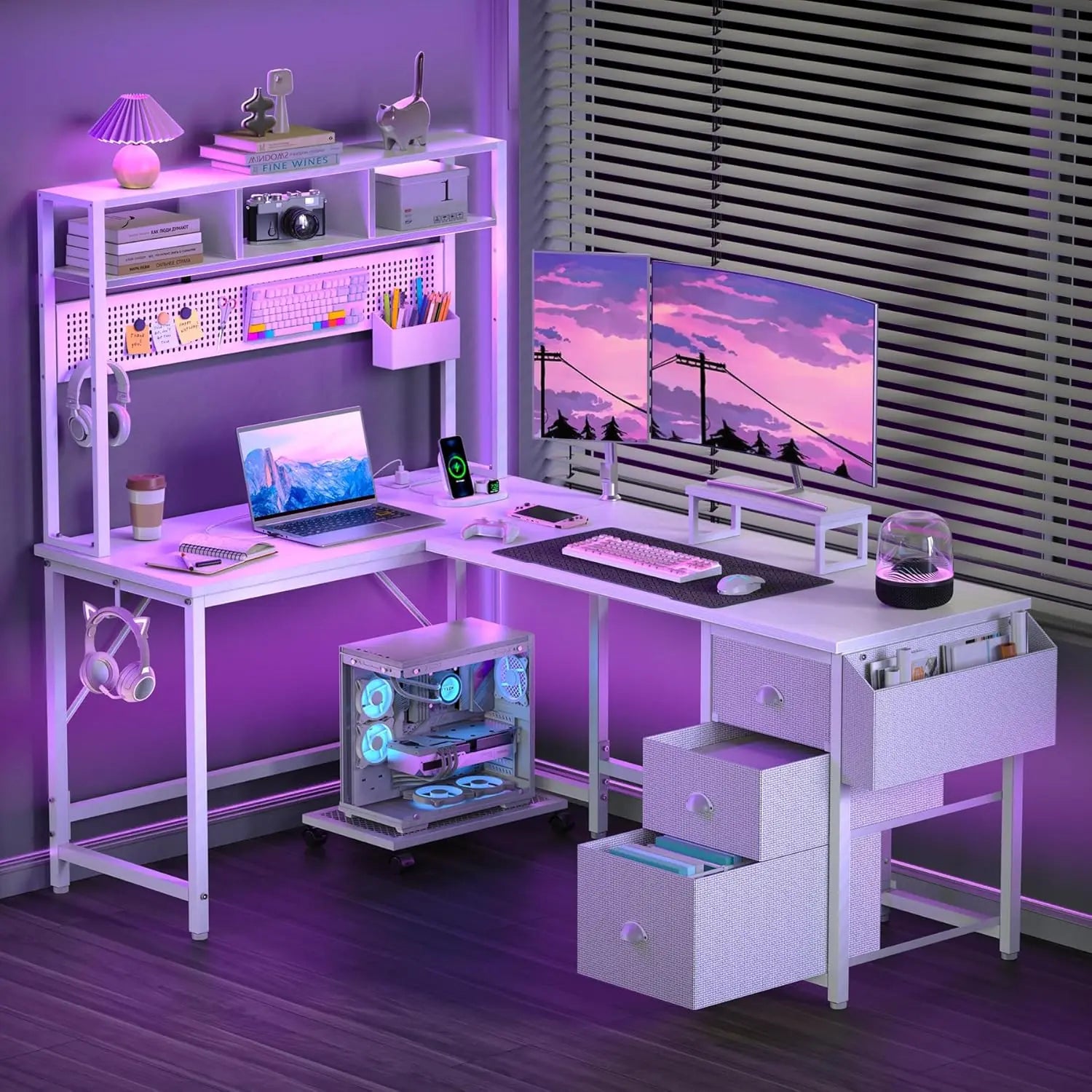 Gaming Desk Computer Desk with Pegboard & Shelves Large L Shaped Desk with Drawers, Power Outlet & LED ShopOnlyDeal