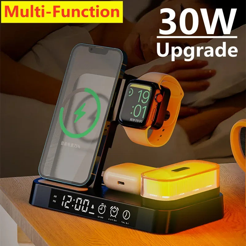 30W 3 In 1 Wireless Charger Stand Pad Alarm Clock Night Light Fast Charging Station Dock for iPhone Samsung Galaxy Watch IWatch ShopOnlyDeal