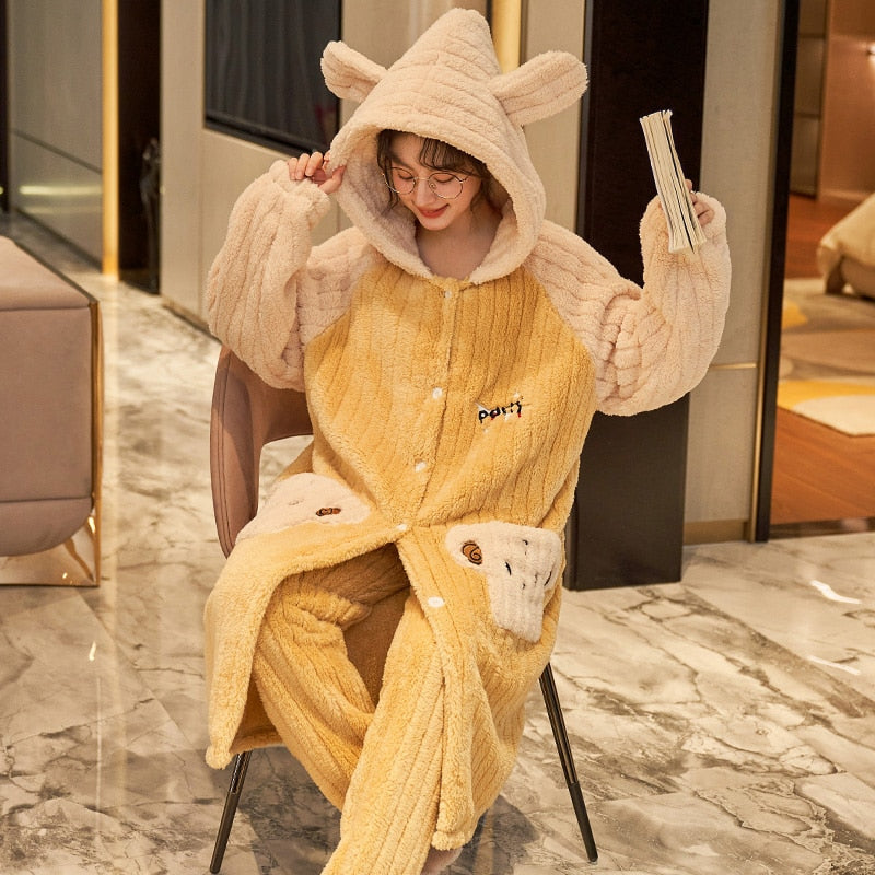 Kawaii Pajamas Women Warm Sweet Hooded Nightgown Winter Flannel Kawaii Home Clothes Female Cute Soft Chic Robes 2XL ShopOnlyDeal