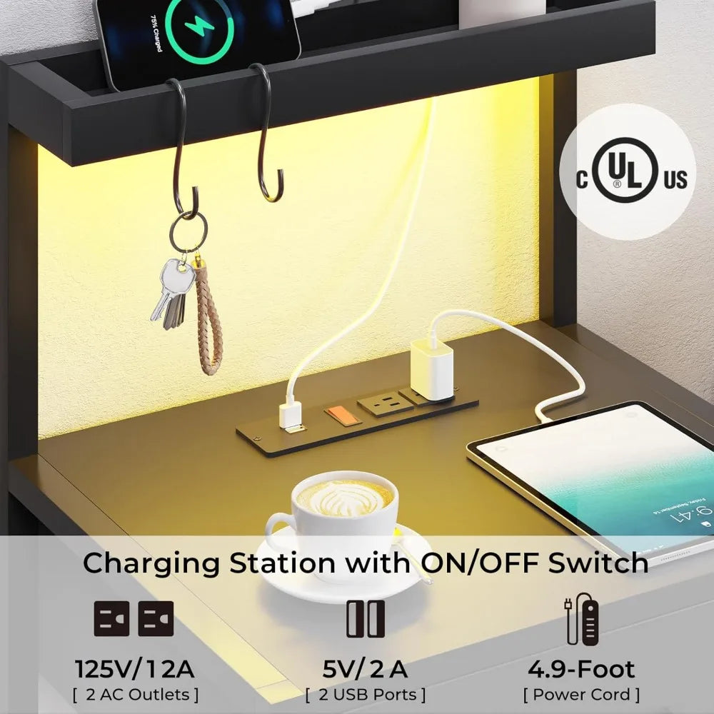 Led Nightstand with Charging Station, 3 Drawers Night Stands with Led Lights, Black Bedside Tables with Storage Shelves ShopOnlyDeal