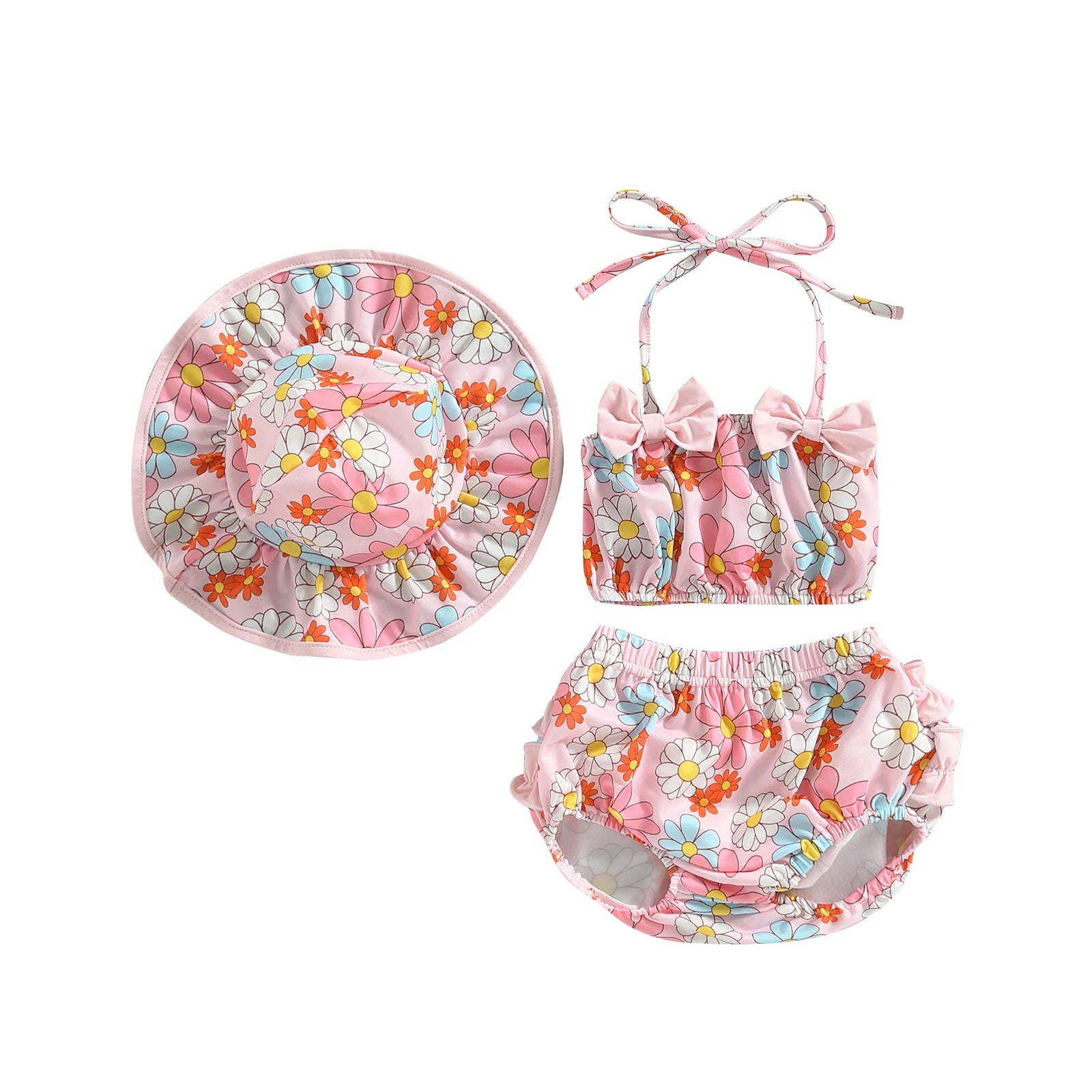 0-24Months Toddler Baby Girl 3pcs Swimsuits Summer Fruit Print Bandage Halter Sleeveless Tops Beach Shorts and Hat Sets ShopOnlyDeal