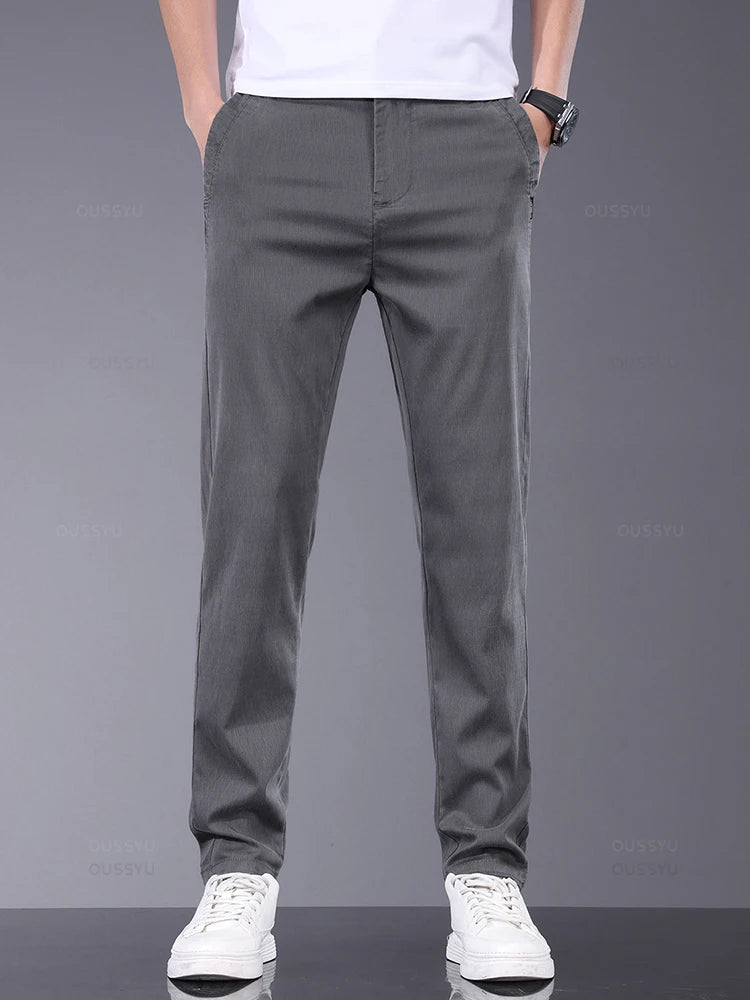 Spring Summer Soft Stretch Lyocell Fabric Men's Casual Pants | Thin Slim Elastic Waist Business Grey Trousers Male ShopOnlyDeal