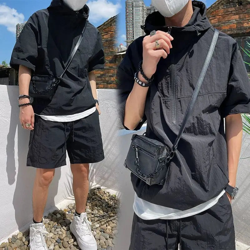 Summer Cargo Style Set | Men's Casual Hooded Solid Short Sleeve T-shirt | Shorts Loose Fashion | High-Quality Handsome Sweatshirt Suit ShopOnlyDeal