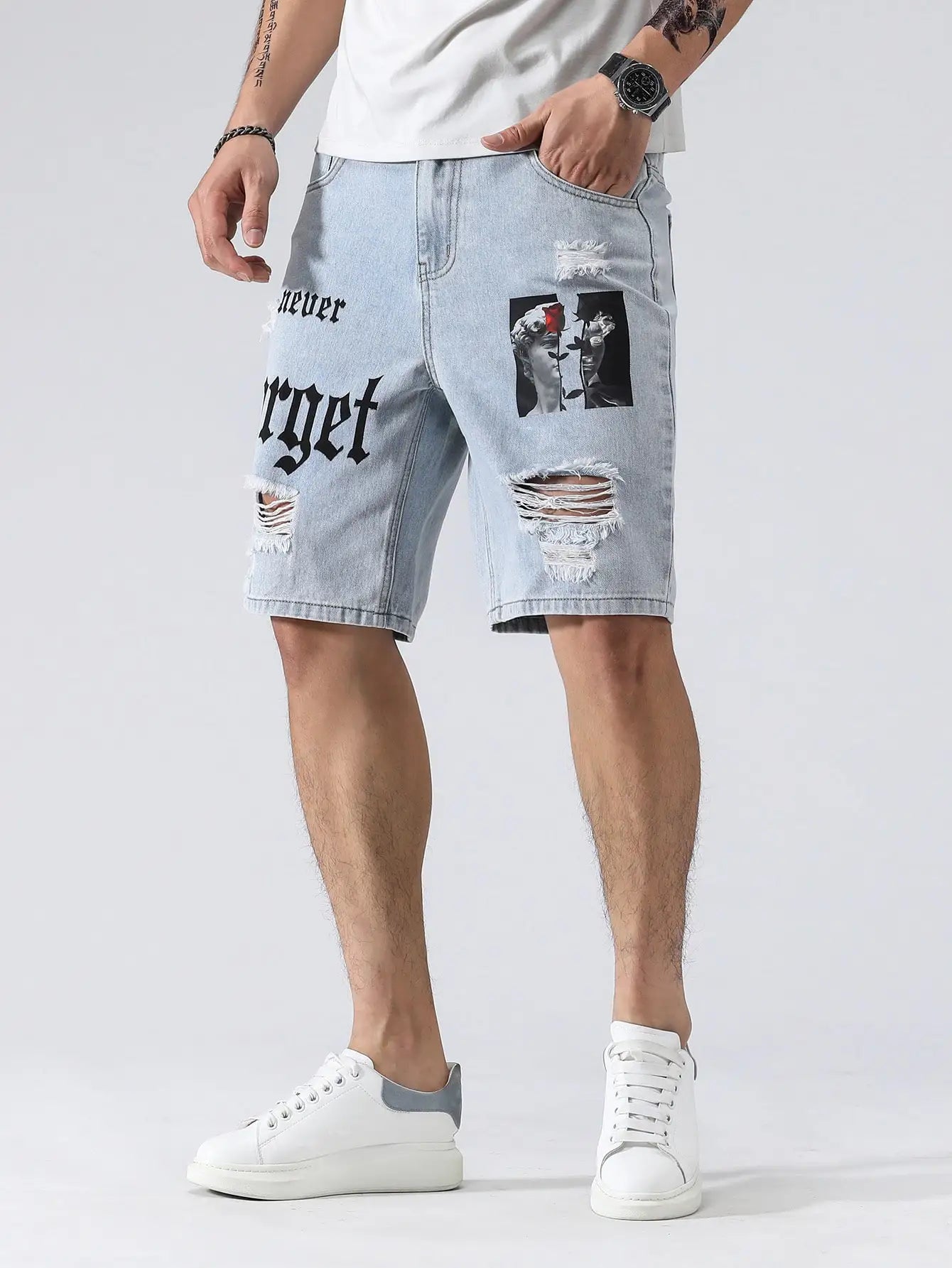 Men Summer Stretchy Denim Shorts Jeans For Men Streetwear Letter Ripped Knee length Baggy Comfort Cargo Casual Shorts Pants Jean ShopOnlyDeal