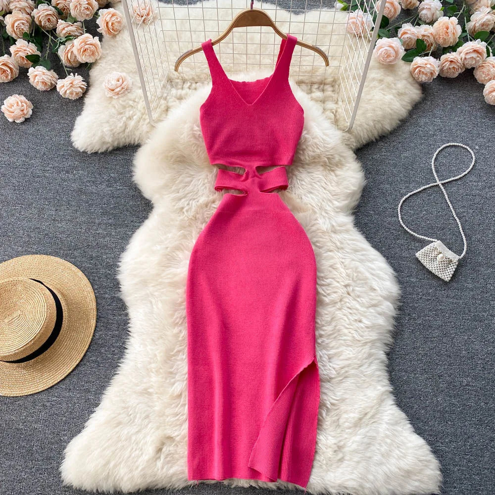 Women Dress Sexy Cut Out Waist Package Hips Split Bodycon Dress Summer Fashion Lady Knitted Party Vestidos Sundress ShopOnlyDeal