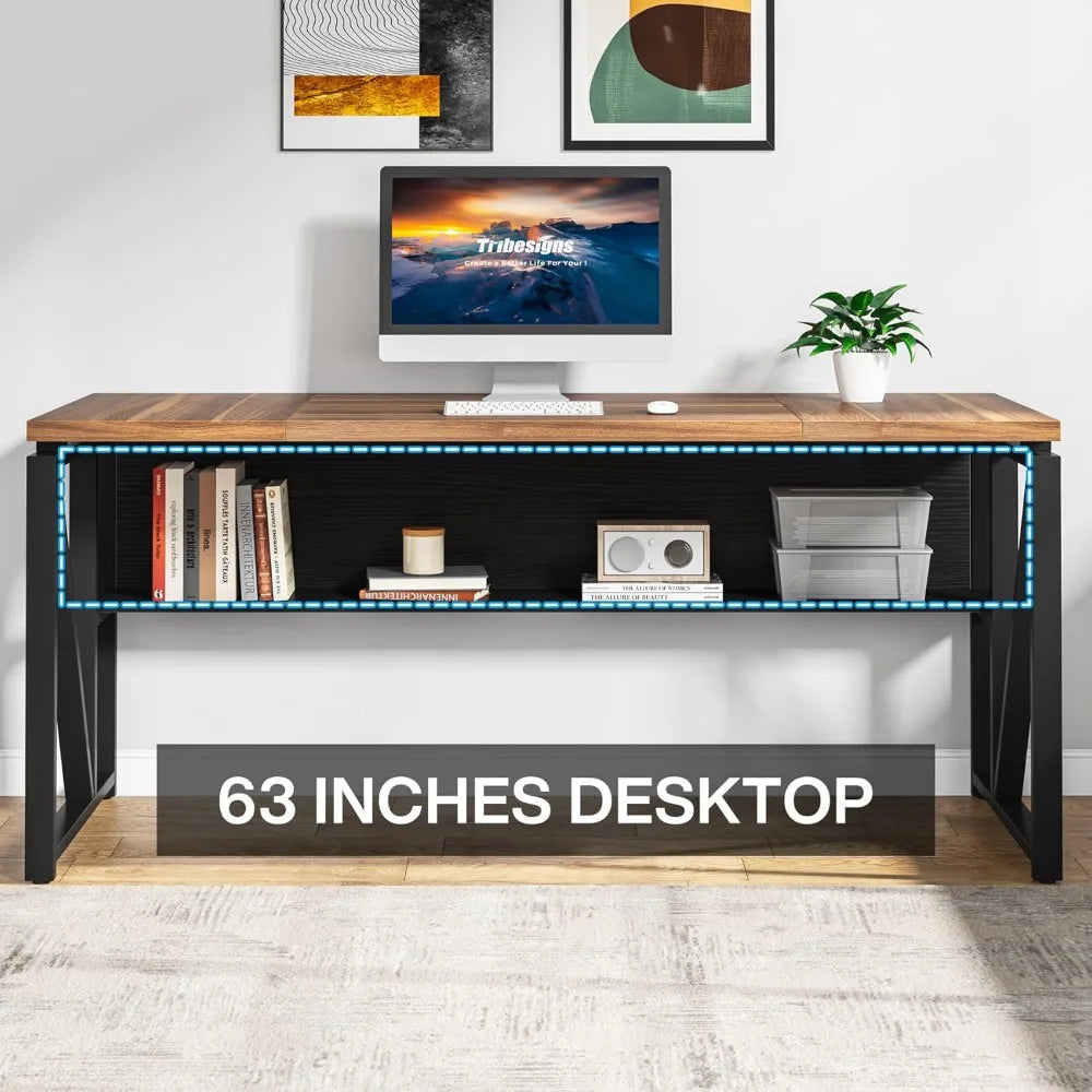 63 inches Computer Desk with Bottom Storage Shelf Home Office Desk Writing Table for Workstation,Dark Walnut + Steel Leg ShopOnlyDeal