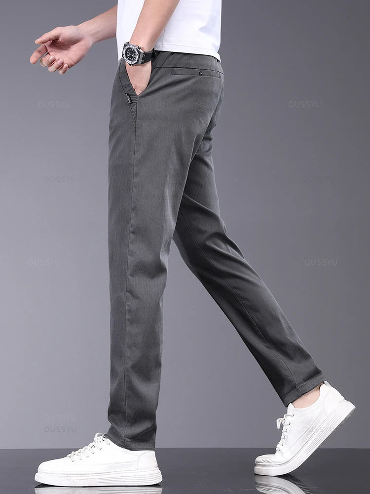 Spring Summer Soft Stretch Lyocell Fabric Men's Casual Pants | Thin Slim Elastic Waist Business Grey Trousers Male ShopOnlyDeal